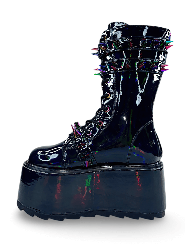 YRU Black Hologram Rave Boots with Metal Spikes