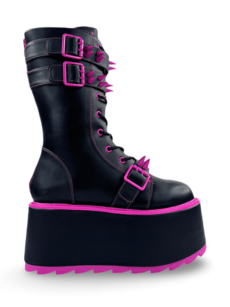 YRU Black Vegan Leather Boots with Fuschia Spikes