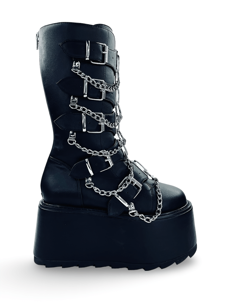 YRU Black Vegan Leather Boots with Silver Chains