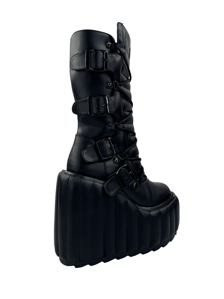 YRU Black Vegan Leather Goth Boots with Buckles