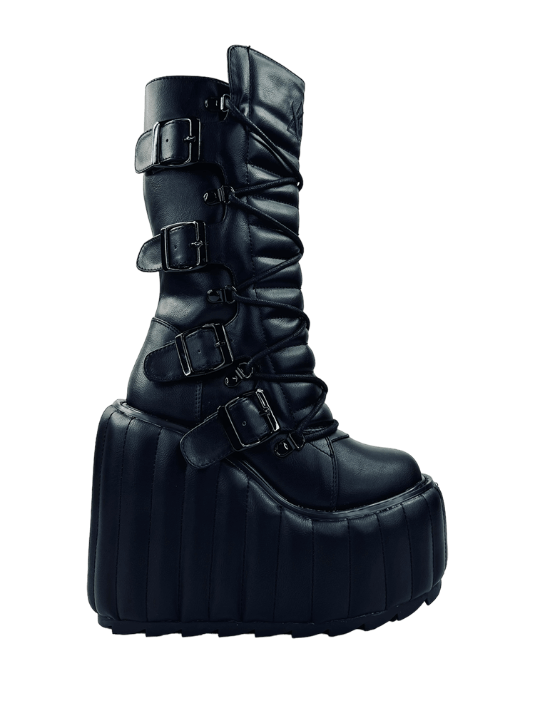 YRU Black Vegan Leather Goth Boots with Buckles