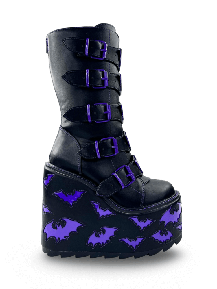 YRU Black Vegan Platform Boots with Purple Bat Accents