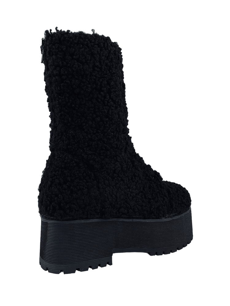 YRU Black Vegan Sherpa Fur Laced Boots with Zipper