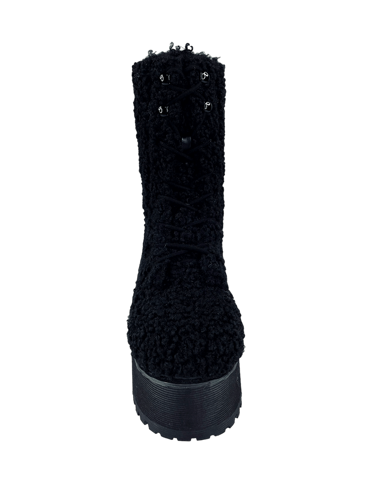 YRU Black Vegan Sherpa Fur Laced Boots with Zipper