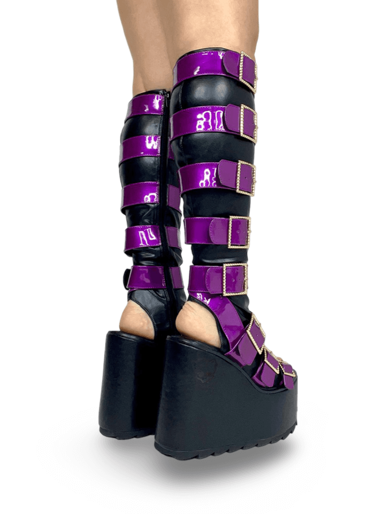 YRU Clawdeen Inspired Strappy Boots with Gold Buckles
