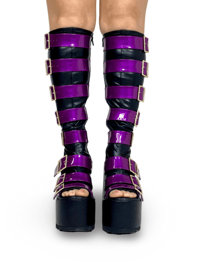 YRU Clawdeen Inspired Strappy Boots with Gold Buckles