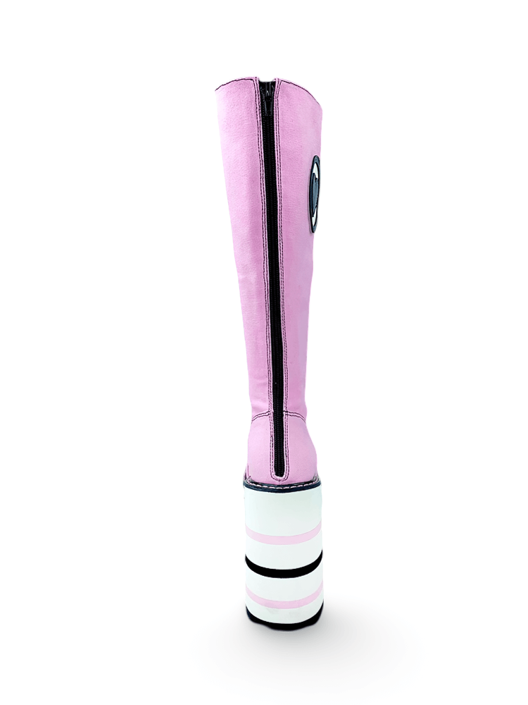 YRU Detention Heart Pink Platform Boots with Striped Heel