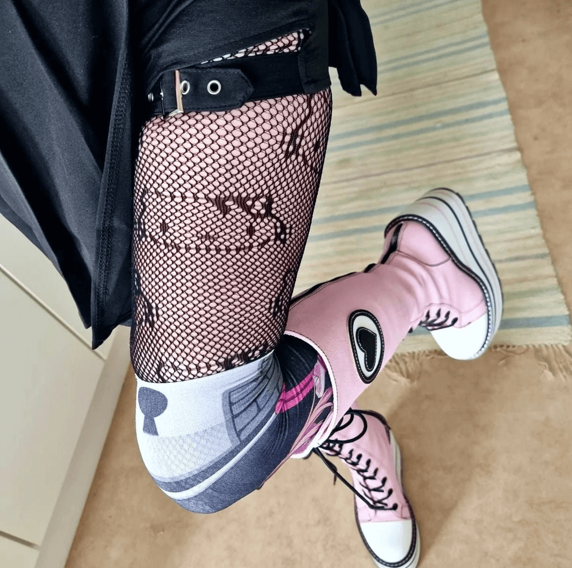 YRU Detention Heart Pink Platform Boots with Striped Heel