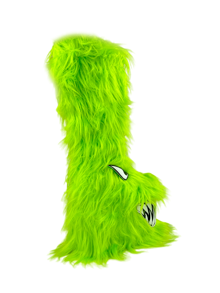 YRU Funky Green Fur Monster Boots with Eye and Teeth