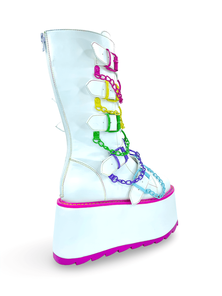 YRU Leather White Boots with Colorful Chains and Buckles