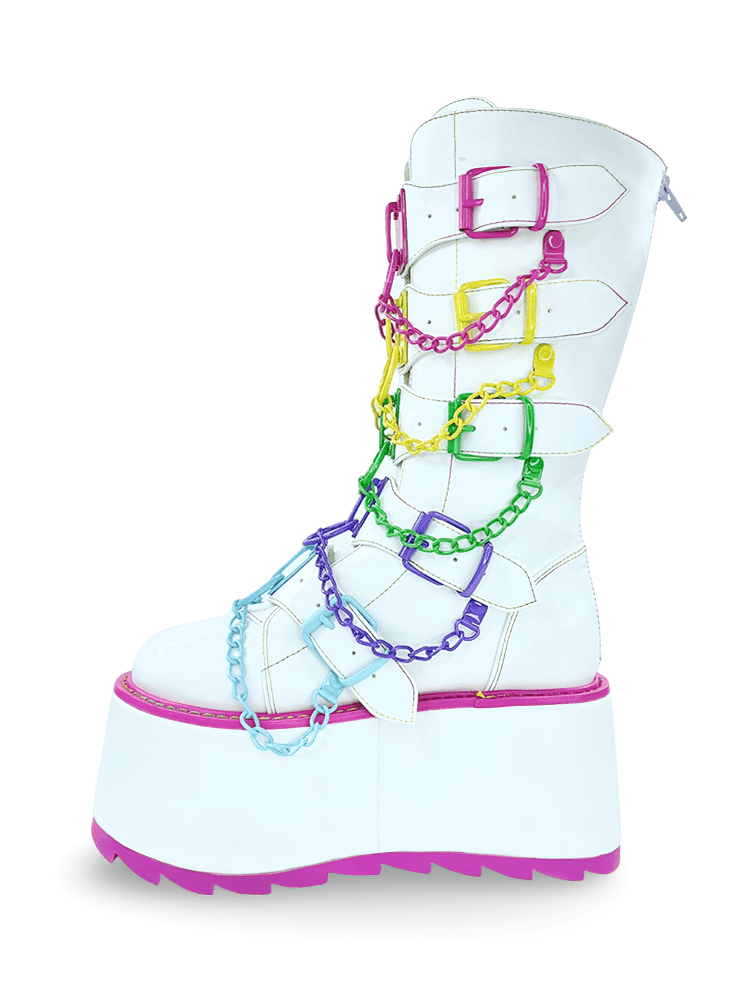 YRU Leather White Boots with Colorful Chains and Buckles