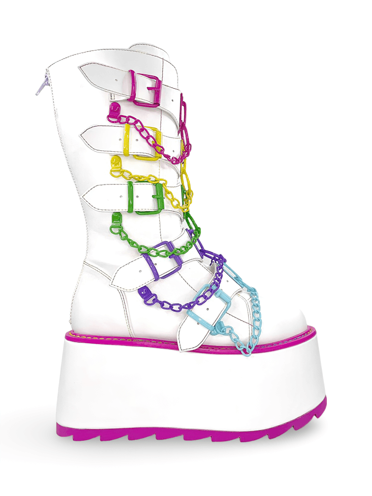 YRU Leather White Boots with Colorful Chains and Buckles