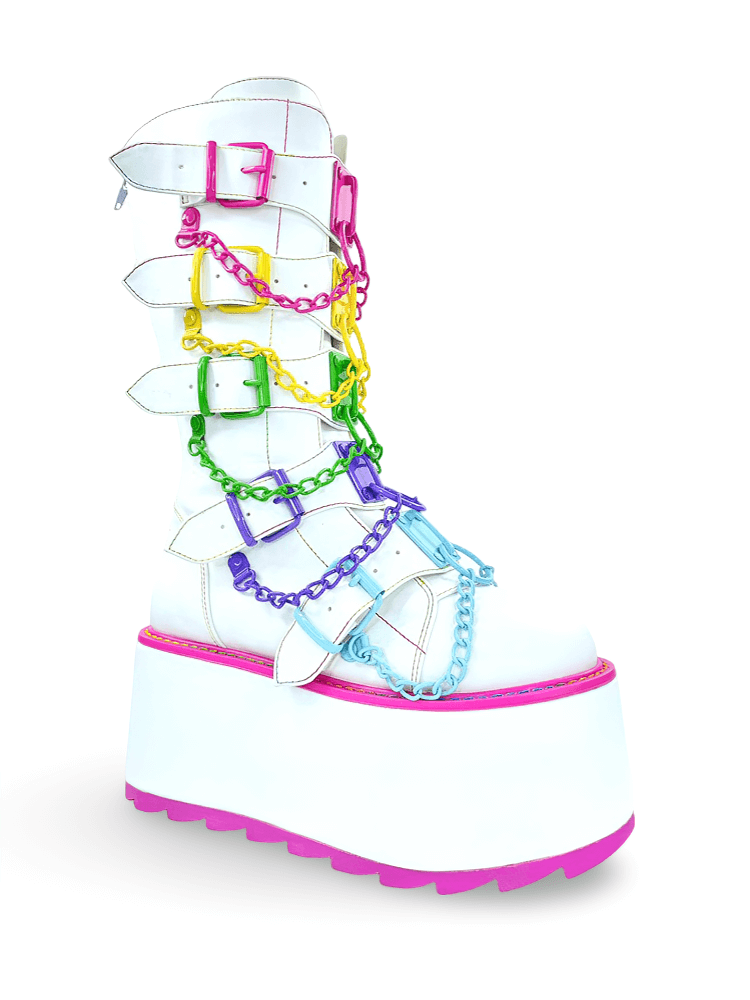 YRU Leather White Boots with Colorful Chains and Buckles