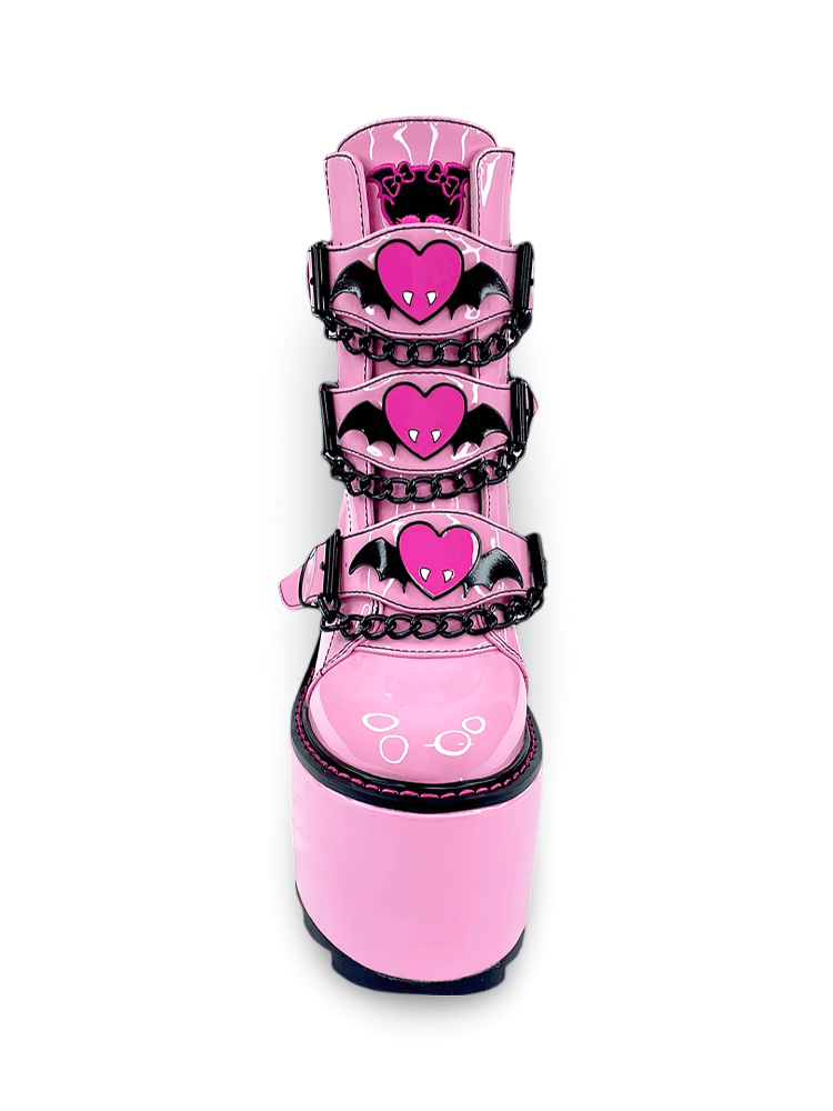 YRU Pink Patent Leather Platform Shoes with Heart Bat Design