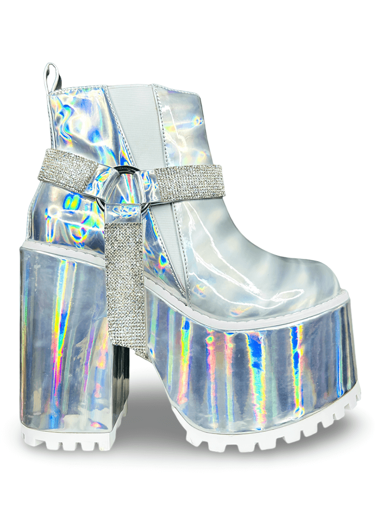 YRU Silver Hologram Vegan Boots with Rhinestone Harness