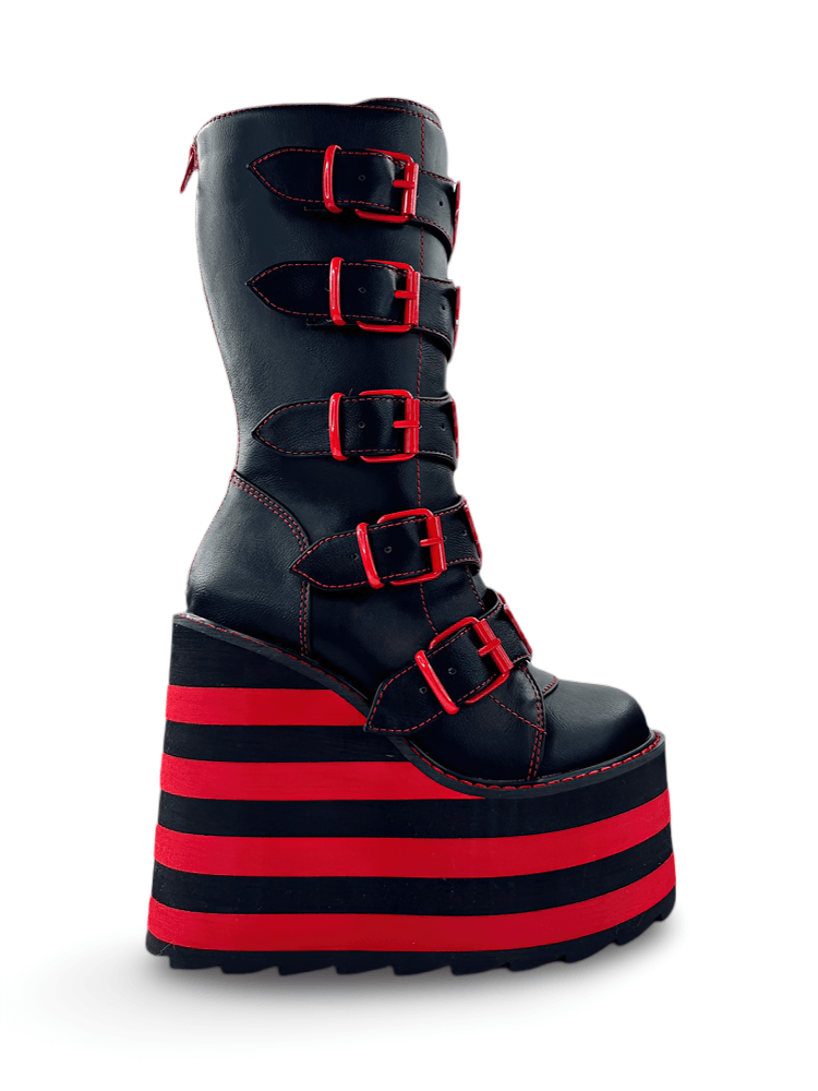 YRU Vampire Bat Buckle Boots – Striking Red and Black