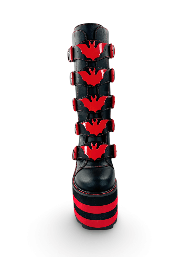 YRU Vampire Bat Buckle Boots – Striking Red and Black