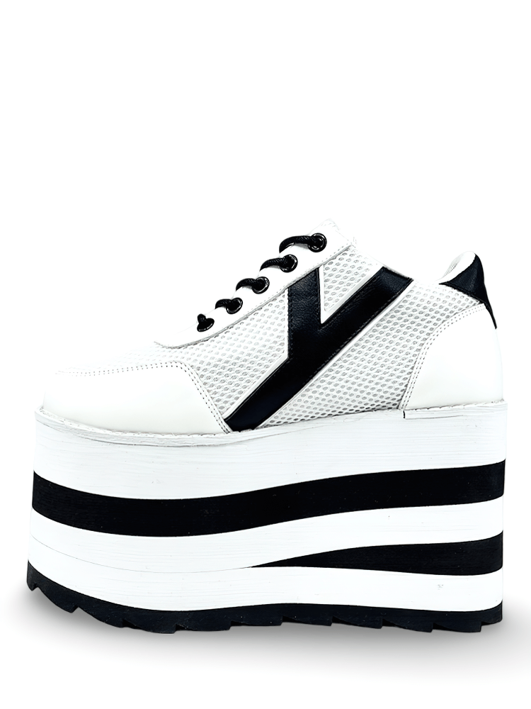 YRU Vegan Leather White Mesh Platform Sneakers