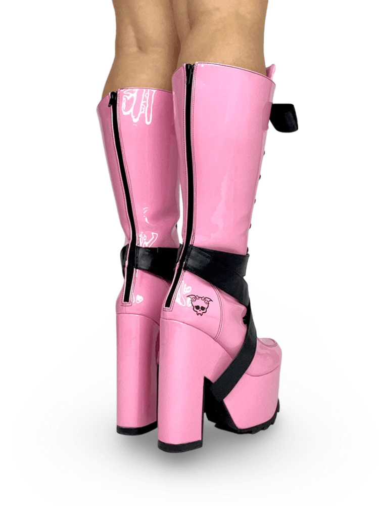 YRU Vegan Pink Patent Platform Boots with Satin Riband