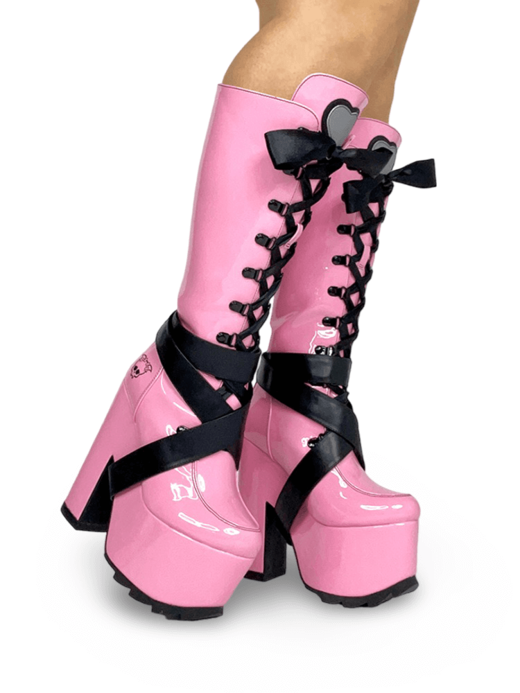 YRU Vegan Pink Patent Platform Boots with Satin Riband