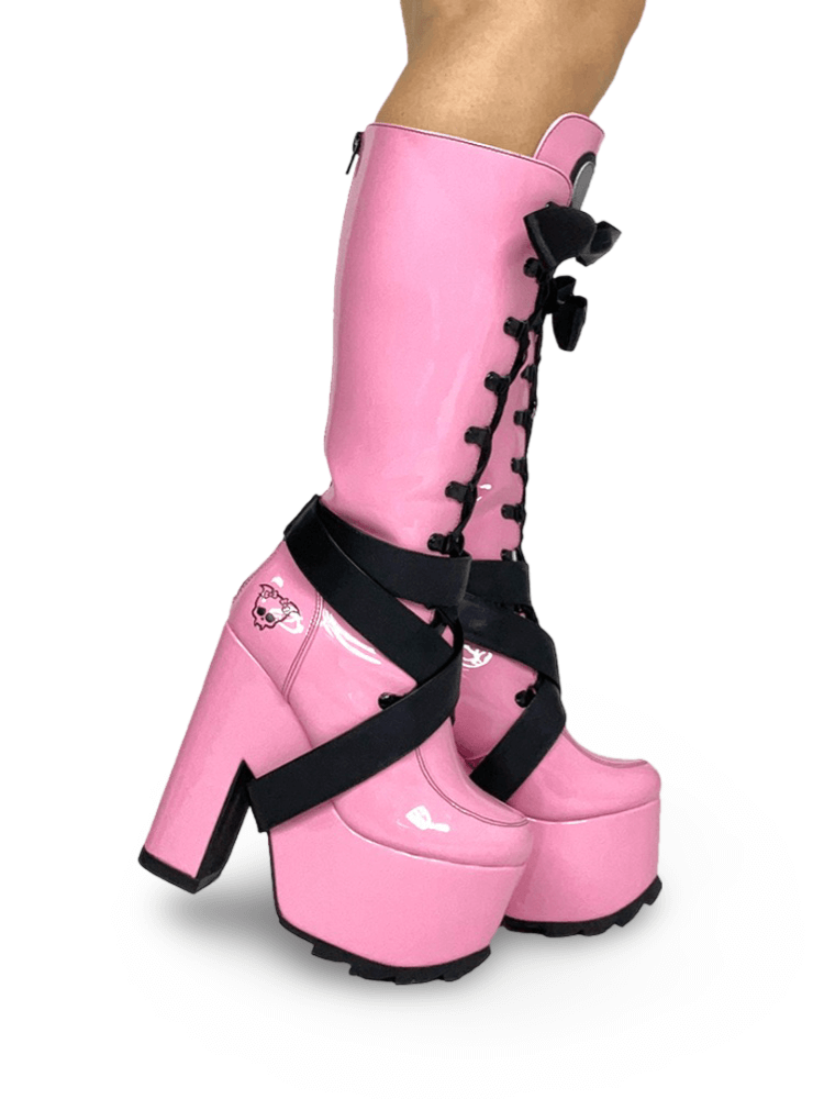 YRU Vegan Pink Patent Platform Boots with Satin Riband