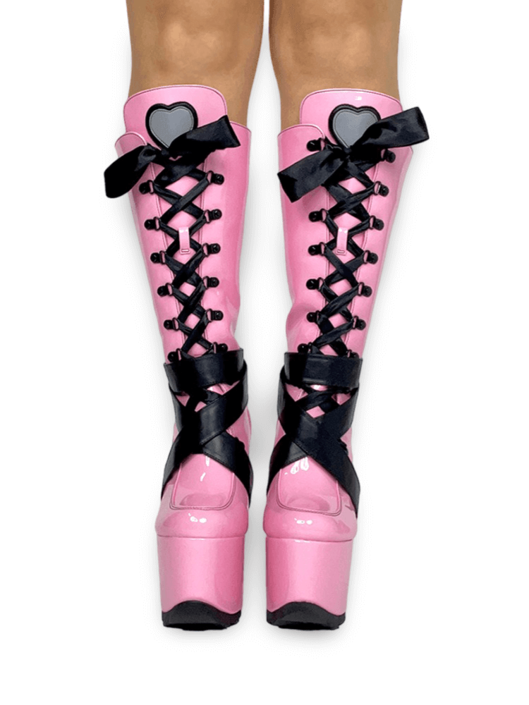 YRU Vegan Pink Patent Platform Boots with Satin Riband