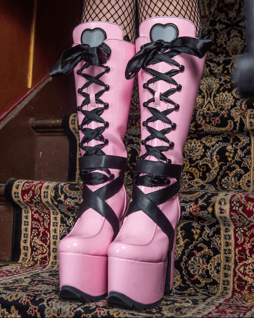 YRU Vegan Pink Patent Platform Boots with Satin Riband