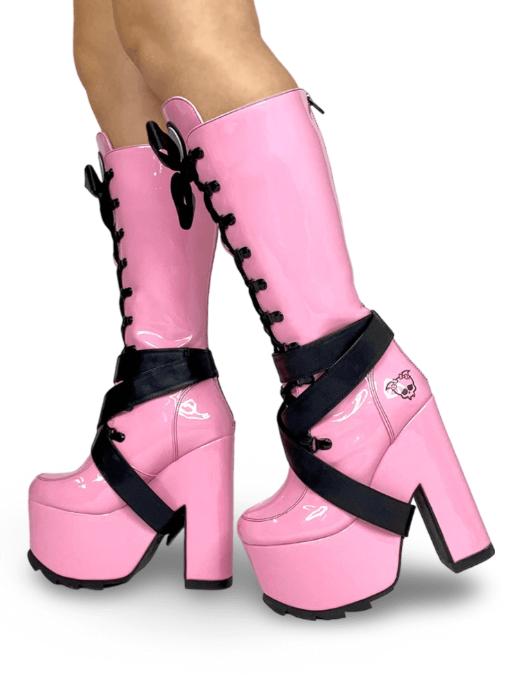 YRU Vegan Pink Patent Platform Boots with Satin Riband