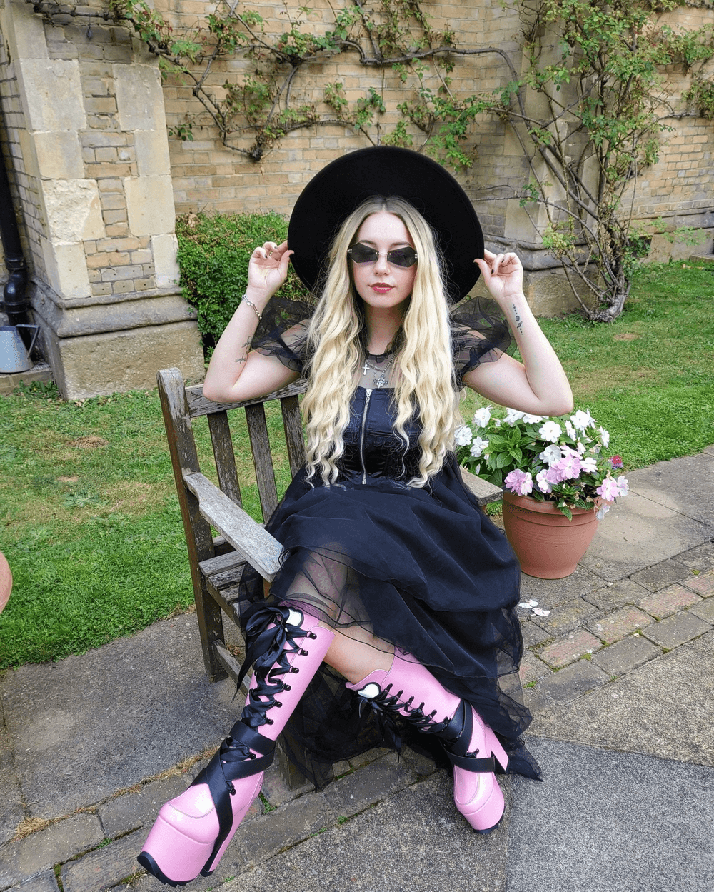 YRU Vegan Pink Patent Platform Boots with Satin Riband
