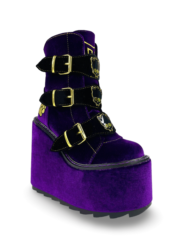 YRU Velvet Purple Clawdeen Platform Boots with Gold Accents