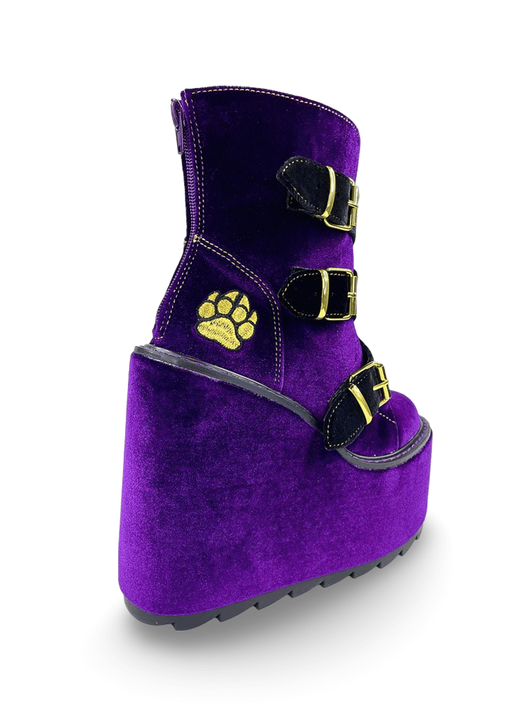 YRU Velvet Purple Clawdeen Platform Boots with Gold Accents