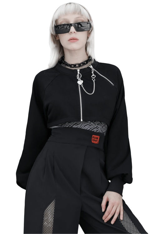 Zip-Up Crop Jacket with Long Sleeves and Chain Detail