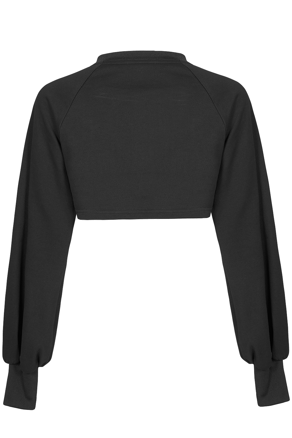 Back view of black zip-up crop jacket with long sleeves and relaxed fit, showcasing sleek punk style.