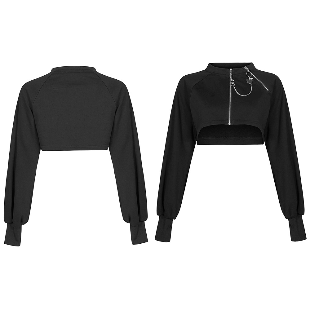 Black zip-up crop jacket with long sleeves and chain detail showcasing edgy punk style.