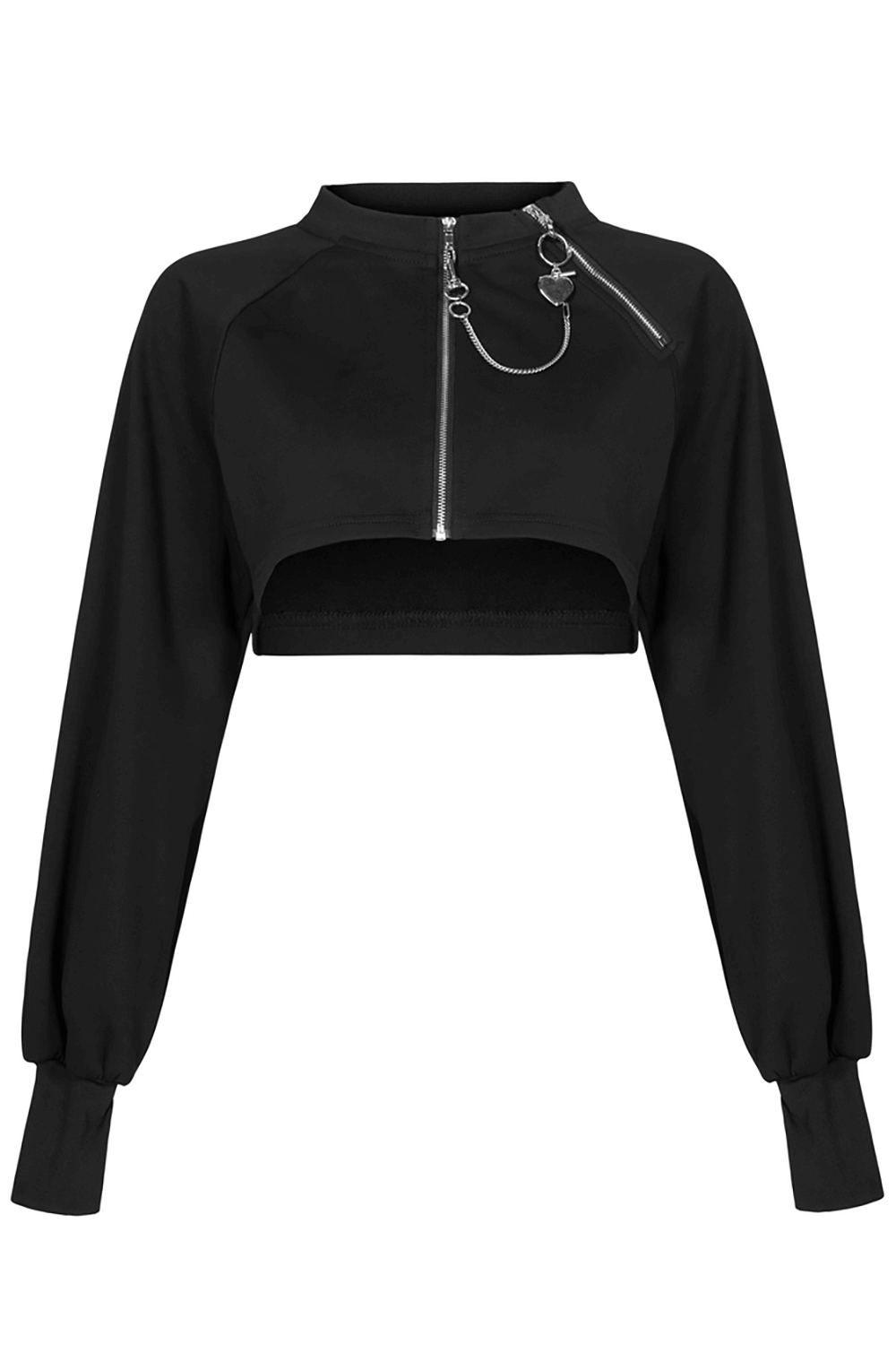 Black zip-up crop jacket with long sleeves and chain detail for an edgy punk style.