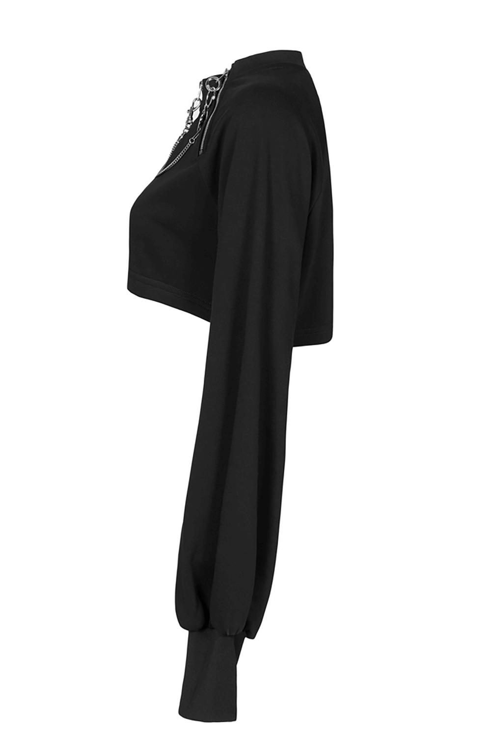 Edgy black zip-up crop jacket with long sleeves and chain detail, perfect for punk-inspired outfits.