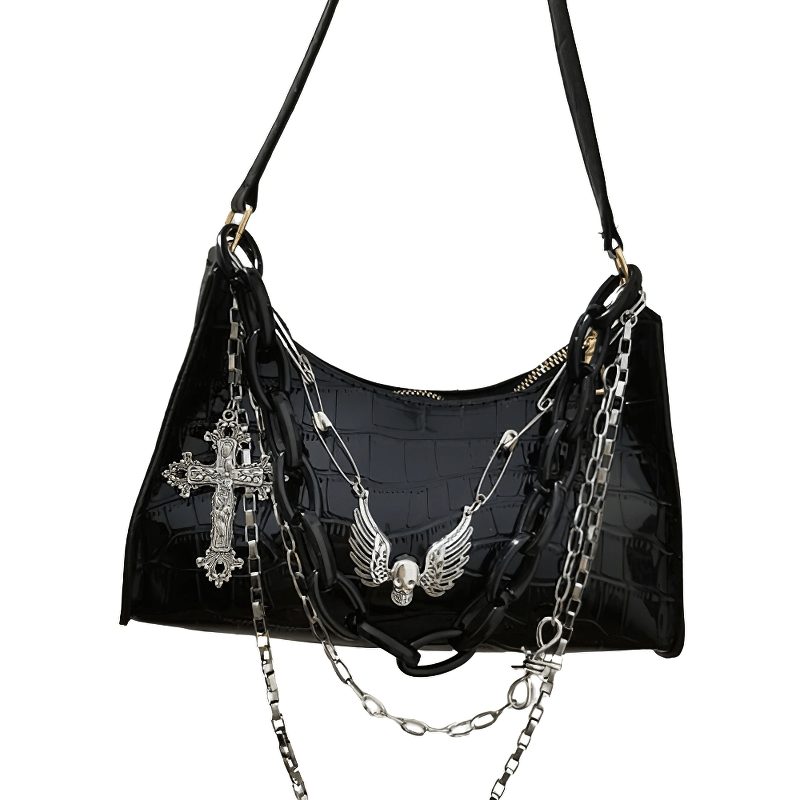 Zipper Crocodile Pattern Handbag With Detachable Chains / Punk Cross Skull Shoulder Bag - HARD'N'HEAVY