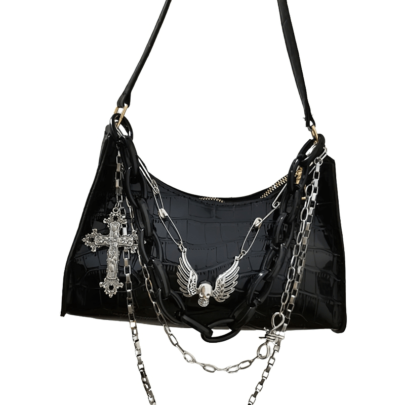 Luxurious black crocodile pattern handbag with detachable chains and punk skull cross detail.