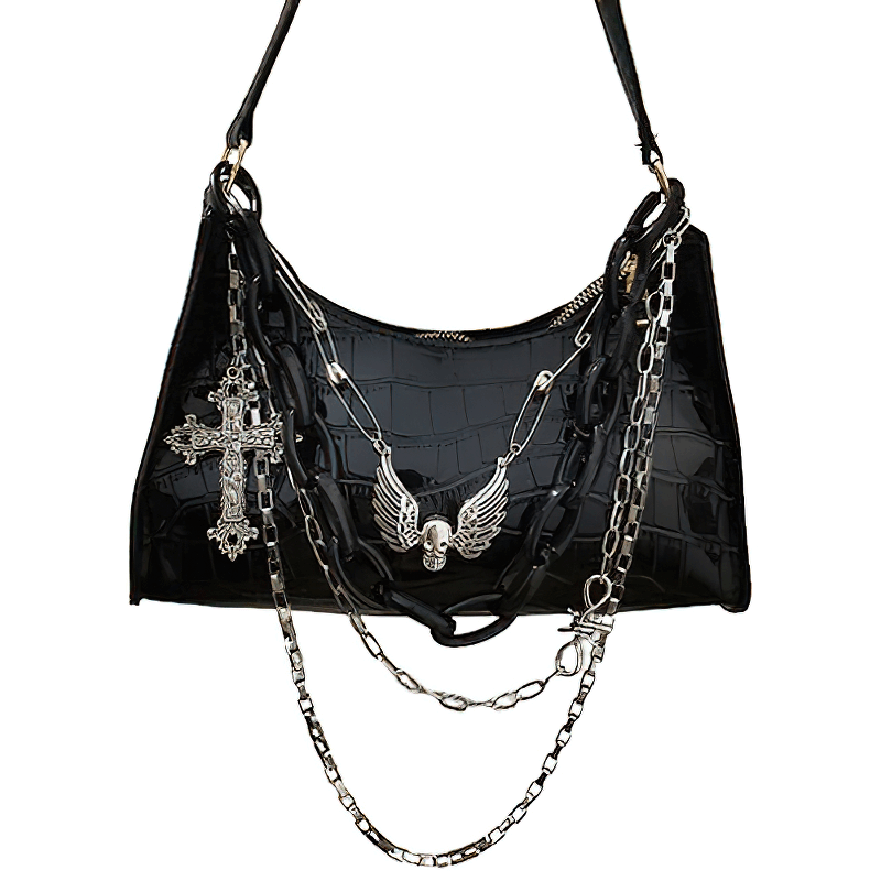 Zipper crocodile pattern handbag with detachable chains and cross skull emblem, perfect for a punk-chic style.