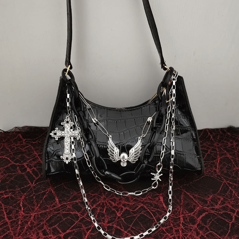 Zipper Crocodile Pattern Handbag With Detachable Chains / Punk Cross Skull Shoulder Bag - HARD'N'HEAVY