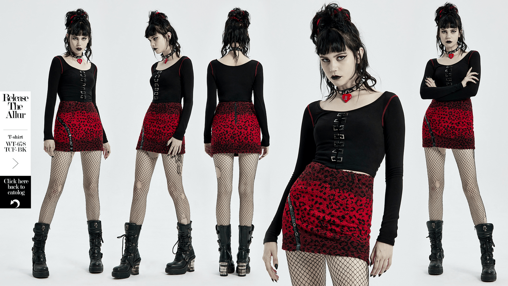 Punk-inspired women's red leopard mini skirt with eyelets, styled with a black top and fishnet tights, perfect for bold fashion.