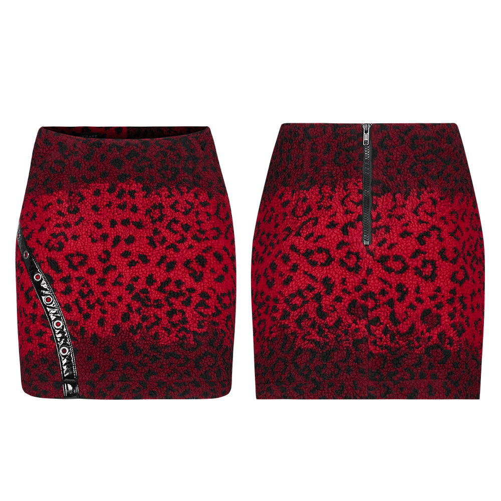 Zipper red leopard punk mini skirt with eyelets, featuring a bold print and sleek black accents.