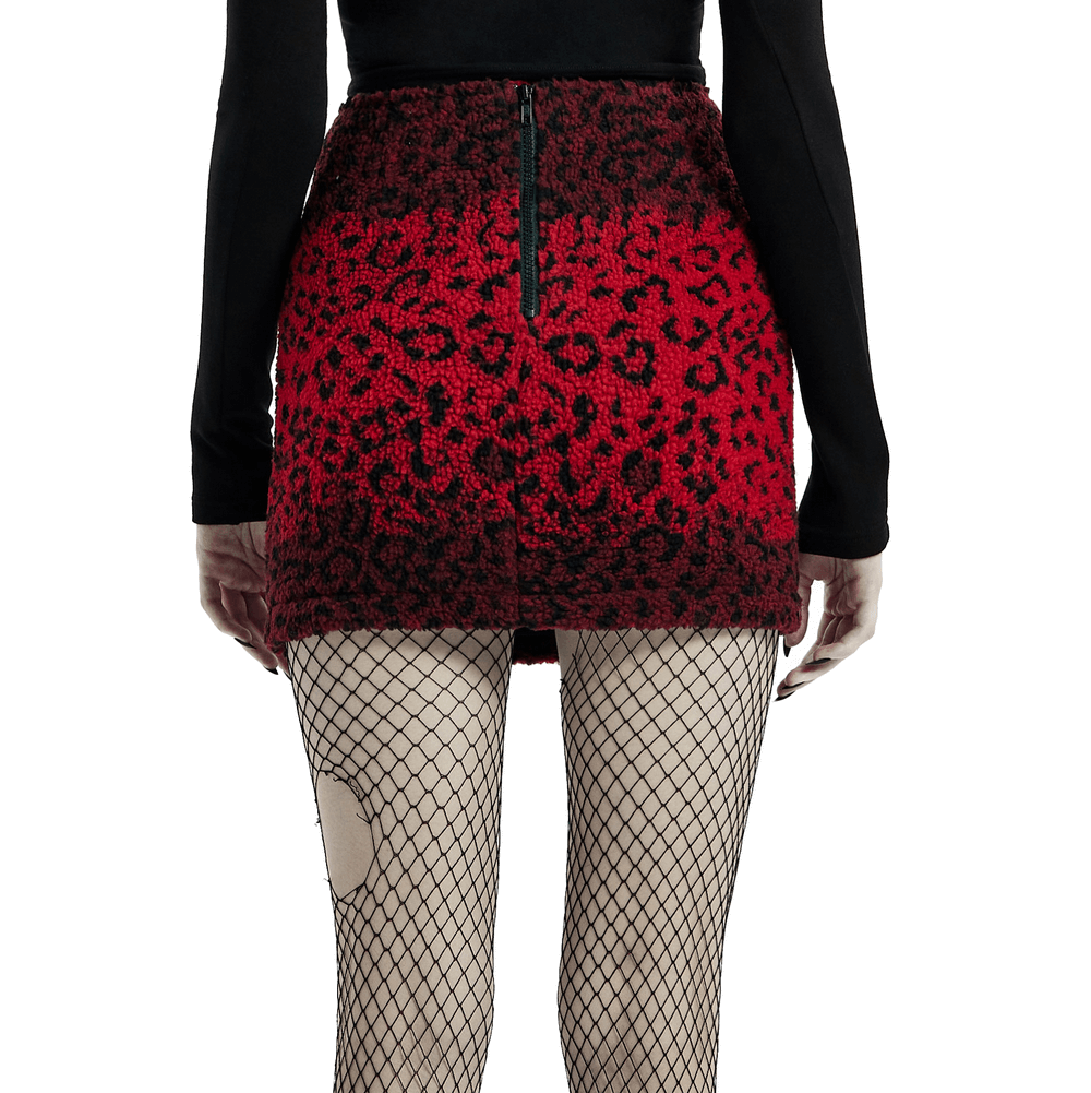 Back view of a women's red leopard print punk mini skirt with black accents and concealed zipper.