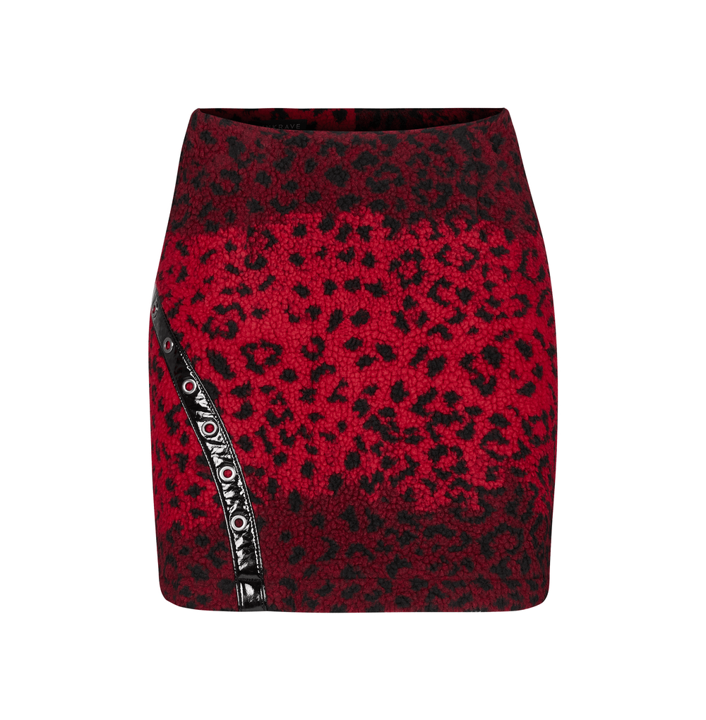 Zipper Red Leopard Punk Mini Skirt With Eyelets - HARD'N'HEAVY