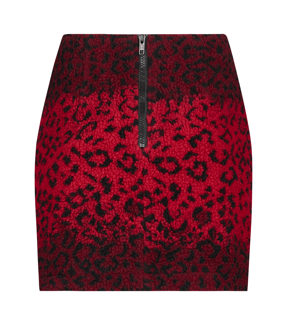 Zipper red leopard punk mini skirt with eyelets, a bold statement piece for edgy fashion enthusiasts.