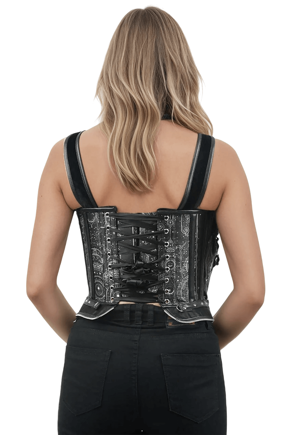 Zodiac Inspired Black Overbust Corset with Steel Boning showing back lacing and stylish design.