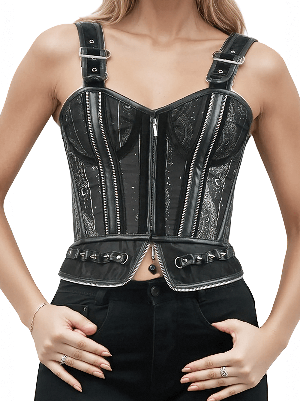 Zodiac Inspired Black Overbust Corset with Steel Boning featuring zipper and stud details for a gothic look.