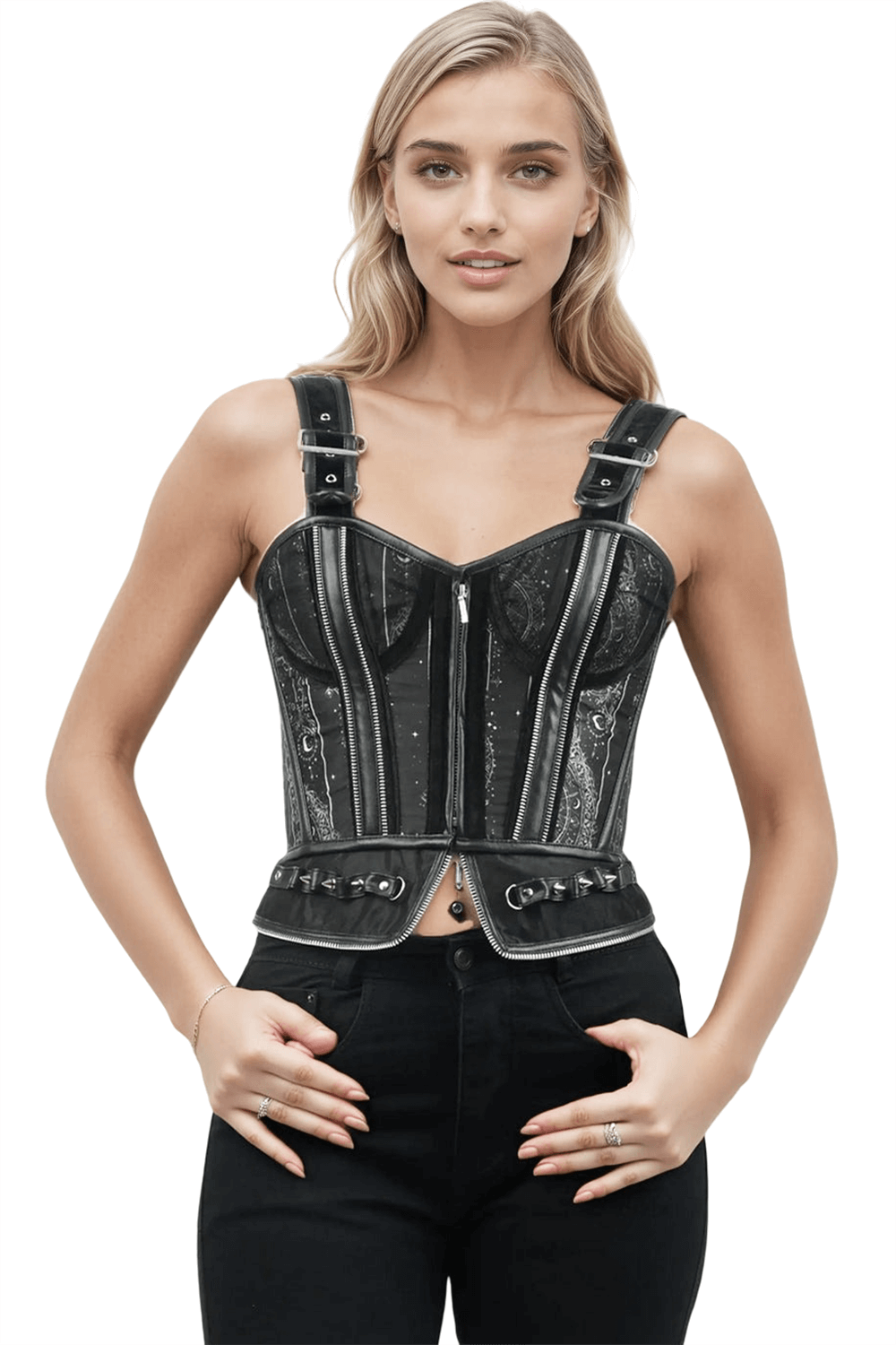 Zodiac Inspired Black Overbust Corset with Steel Boning showcasing gothic design and celestial motifs.