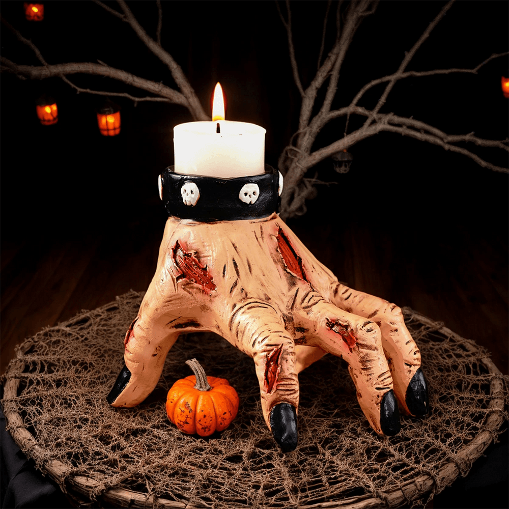 Zombie Hand Candle Holder with Gothic Skull Cuff featuring a creepy hand design and candle, perfect for Halloween decor.