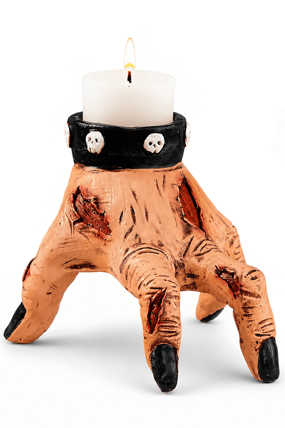 Zombie Hand Candle Holder with Gothic Skull Cuff displaying a spooky claw holding a pillar candle, perfect for Halloween decor.